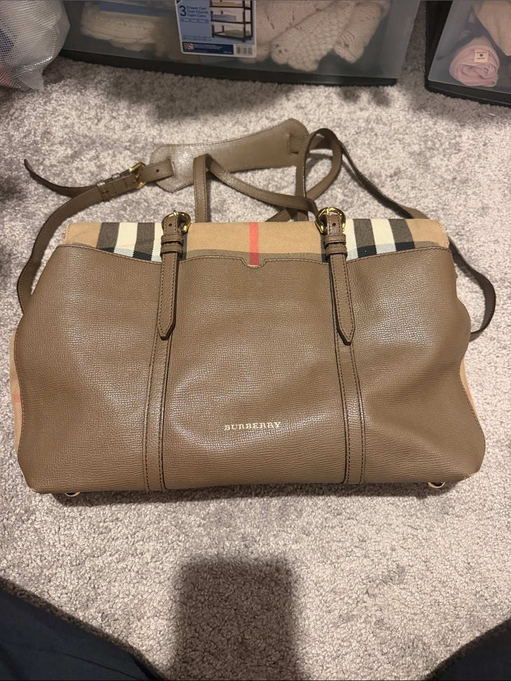 Authentic Burberry Diaper Bag Taupe with Signature Check